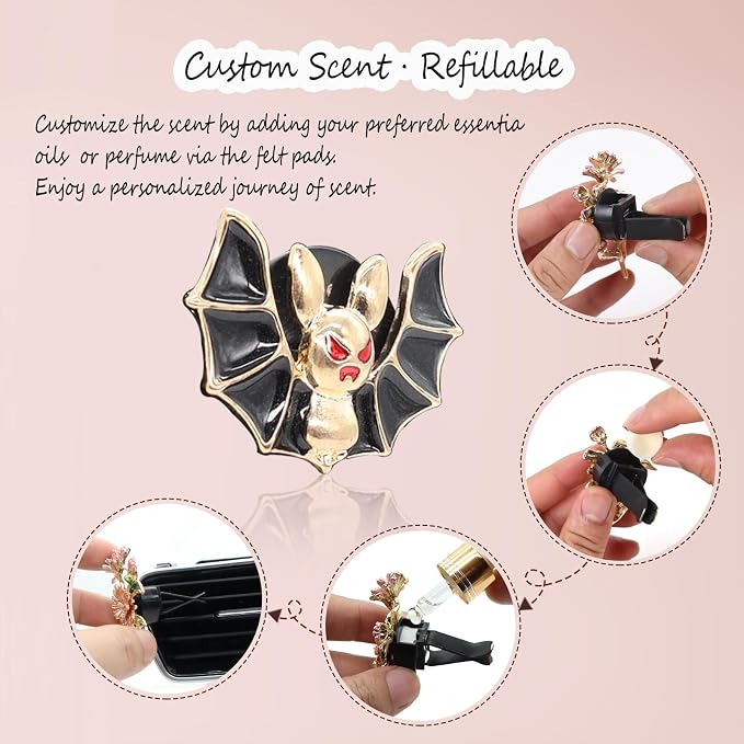 ORIESSE Bat Air Vent Clip Car Air Freshener 2pcs Black Vampire Bat Car Air Fresheners Vent Clips Gothic Vent Clip Car Accessories Gift for Girlfriends Boyfriend Refillable Car Diffuser