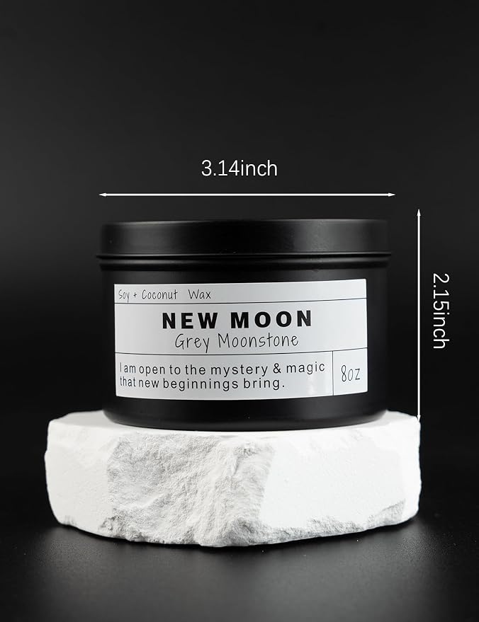 NEW Moon Handmade Candle, New Beginnings, Ritual Energy Gift, Intention De-Stress Good Fortune, Success Protection, Meditation, Moonstone, Soy Wax (8oz)