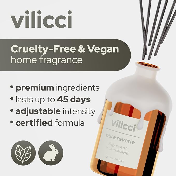 Vilicci Reed Diffuser, Pure Reverie Scent, Strong Home Air Freshener, Long-Lasting Aroma Diffuser for Home and Office Decor, Vegan, Cruelty-Free Oil Ingredients, 3.4 oz (100ml)