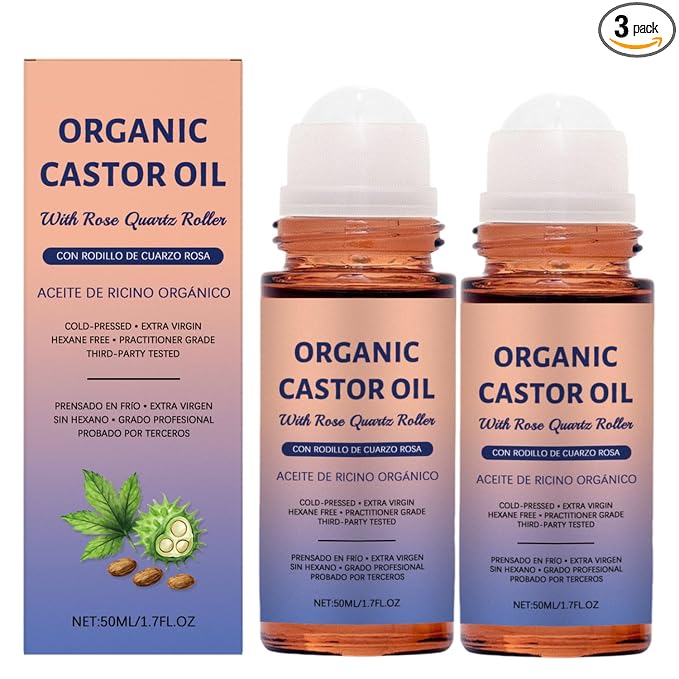 2PC Organic Castor Oil Roll On with Rose Quartz Roller, 100% Pure Cold-Pressed Castor Oil Rose Quartz Roller Ball for Hair Growth, Eyelashes & Eyebrows, Moisturizes Skin, Hexane-Free(50ml)