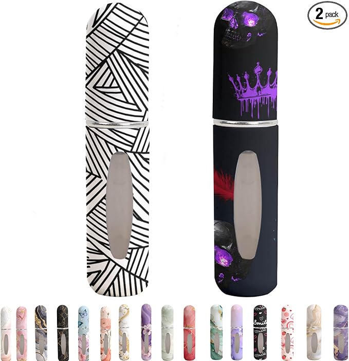 Refillable Perfume Atomizer Travel Bottles– Portable Leakproof Mini Sprayer for Cologne & Essential Oils, Plastic Empty Perfume Bottles with Unique Patterns,2 Pcs Pack of 5 ml (Striped and black)