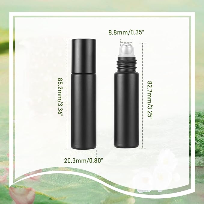 Glass Roller on Bottle, 10ml Refillable Essential Oil Bottle with Stianless Steel Ball, Pack of 10 (Black)
