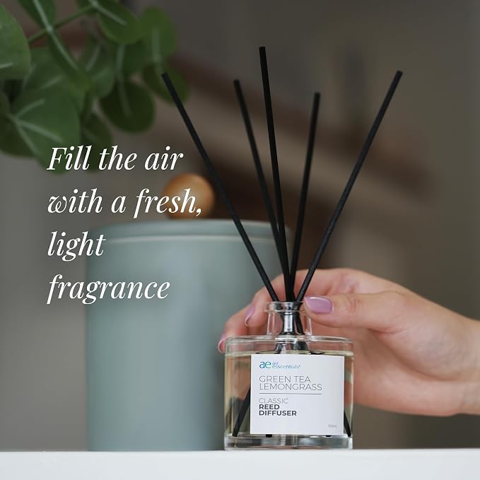 Air Esscentials Classic Green Tea Lemongrass Reed Diffuser Set - Decorative Fragrance Diffuser & Oil for Bathroom & Home | Long-Lasting Aroma | Natural Scent Sticks | Essential Oils, Botanicals| 100mL