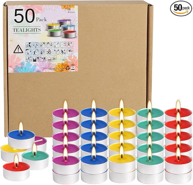 50 Pack Unscented Assorted Colors Tealights Candle - 4+Hour Clean-Burning Votive Smokeless Tea Lights for Home Decor, Rituals, Shabbat & Anniversaries & Relaxation.
