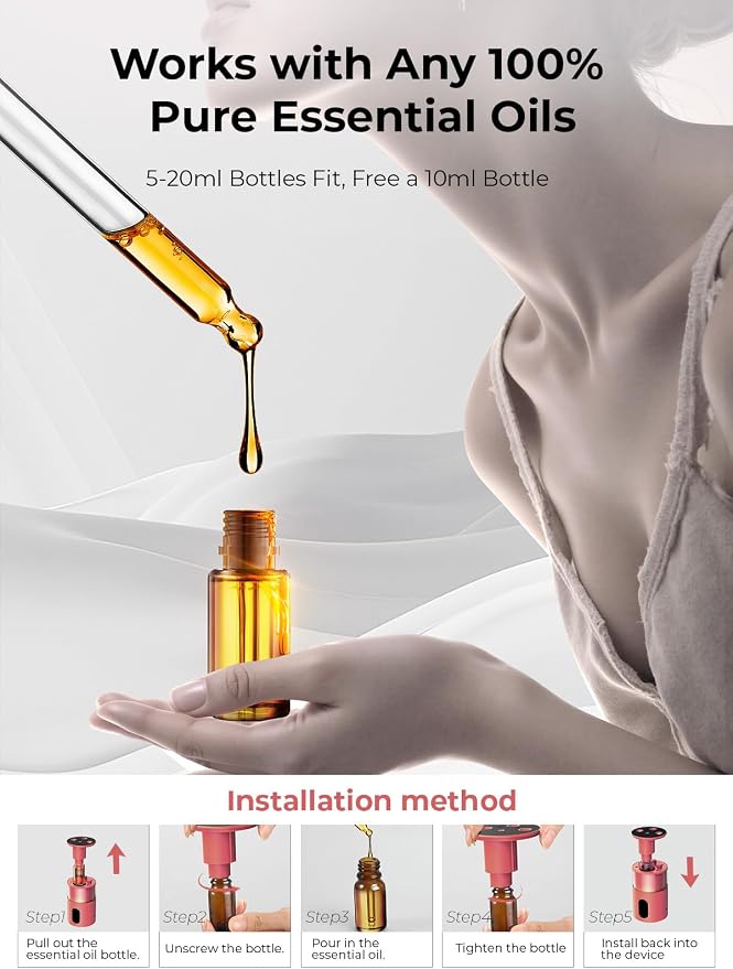 Waterless Essential Oil Diffuser: 𝟗 𝐂𝐨𝐥𝐨𝐫𝐬 𝐋𝐄𝐃 Scent Diffuser for Home&Car&Office - Portable Diffuser with 48H Battery, 4 Timers & 3 Mist Levels, Bright Red