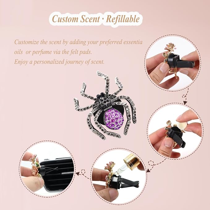 ORIESSE Spider Car Decor,2pcs Purple Black Spider Air Vent Clips Car Fresheners,Bling Goth Horror Decorations Accessories,Refillable Essential Oil Diffuser
