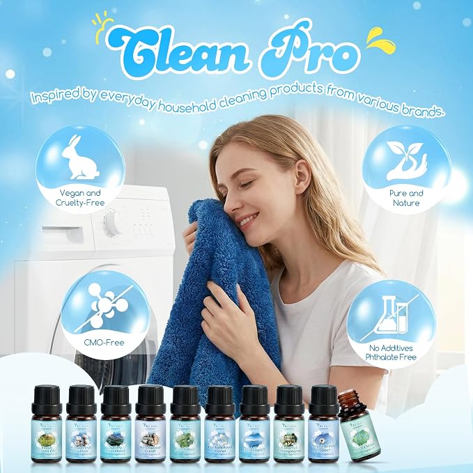 Clean Fragrance Oils Set,Gifts for Mom,10 Premium Essential Oils Set for Diffuser, Soap & Candle Making, Dryer Ball,Home Fragrance,Fresh Cotton, Fresh Clean Air, April Clean and More 10x5ml Scent Oil