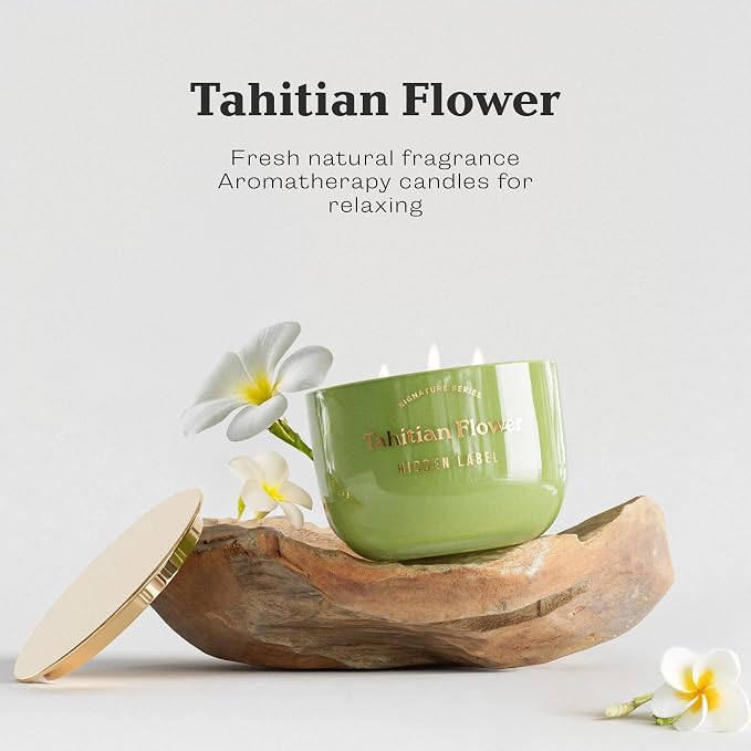 Hidden Label Tahitian Flower Scented Candles, 3 Wick Aromatherapy Soy Candle, 18oz/70-Hour Burn, Non Toxic Natural Green Candle, Luxury Home Scent & Décor Gift for Women and Men