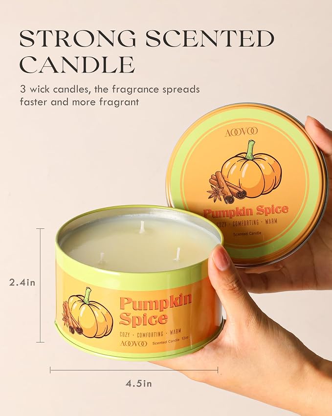 AOOVOO Pumpkin Spice Candle - 3 Wick 12oz Large Fall Candle, Soy Wax Strong Scented Candle Non Toxic, Long Lasting Candles for Home, Aromatherapy Autunm Candles Gift for Women Men