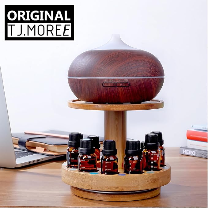 TJ.MOREE Bamboo Essential Oil Organizer 2-Tier Carousel Holder | Bamboo Material, Fits 5 ml to 30 ml Essential Oil Bottles, Suitable for Home and Office Spaces
