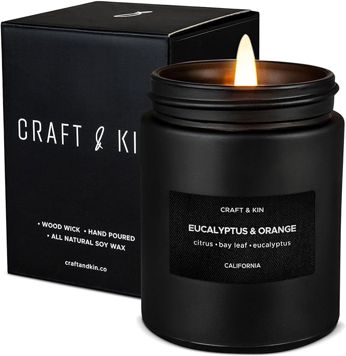 Craft & Kin Premium Orange & Eucalyptus Scented Candle – Long Lasting, 45 Hour Burn Time – Luxury Black Natural Soy Scented Candle for Men with Wood Wick – Room Decor and Aromatherapy – 7.6 oz