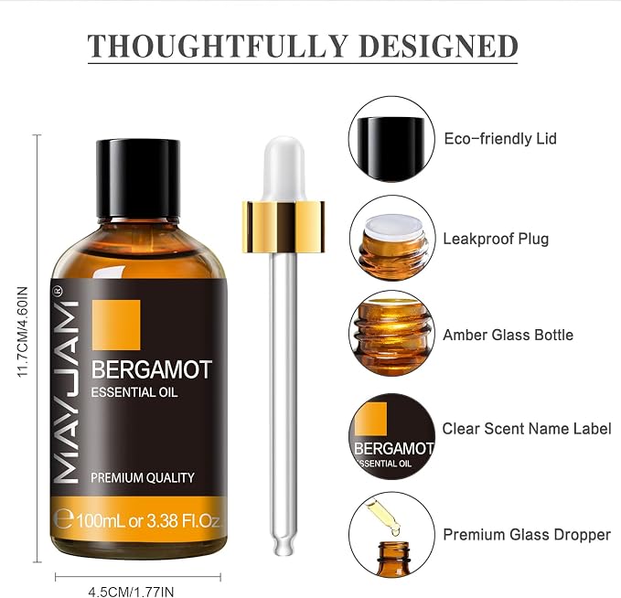 Bergamot Essential Oil, MAYJAM Premium Pure Essential Oils, 3.38FL.OZ Large Volume for Diffusers Soap Candle Making, Ideal for Home Office Car Yoga Use