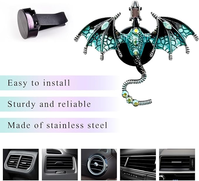 2PCS Bling Wyvern Car Air Freshener Vent Clips, Alloy Enamel Dragon Auto Outlet Clips with Fragrance Tablets, Refillable Cute Flying Dragon Crystal Vent Clip Aroma Diffuser (Blue)