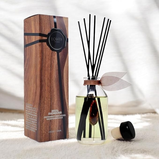 Reed Diffuser Set, Santal (Sandalwood) Scented Oil Diffuser with Sticks, Home Fragrance Accessories for Bathroom Shelf Decor, Aroma Diffusers for Home or Office Fall Decor, USA Made