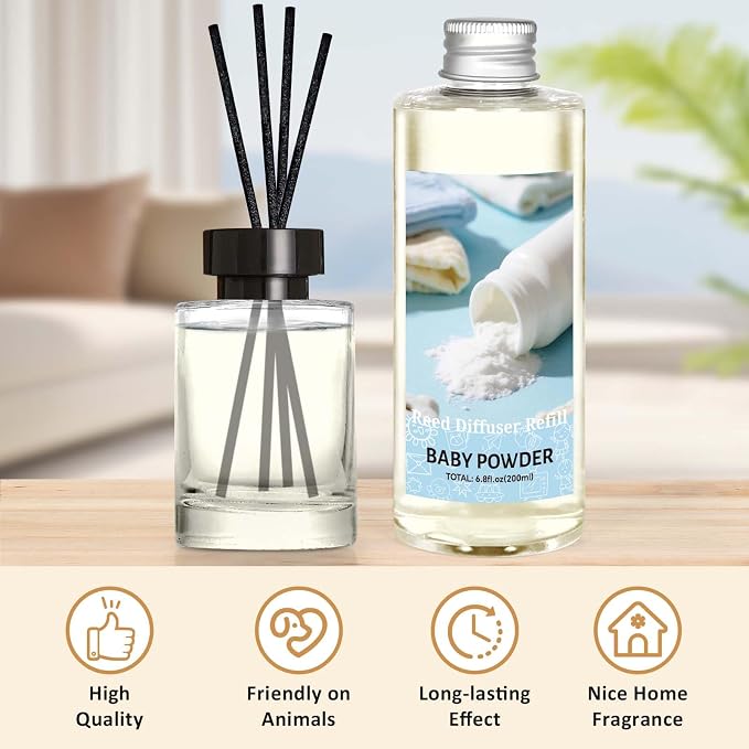 STRN Reed Diffuser Refill, Baby Powder Scented Reed Diffuser Set, 200ml with Sticks, Long-Lasting Aromatherapy, Summer Fragrance for Bedroom, Spa, Bathroom, Office