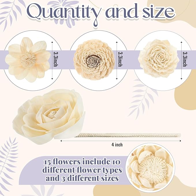 Waydress 15 Pcs Mixed Reed Diffuser Sticks Flowers, Wood Flower Diffuser Reeds Refill with Rope, Sola Reed Diffusers Set for Bathroom, Bedroom, Home Decor(3.15-3.35 Inches,Fresh)