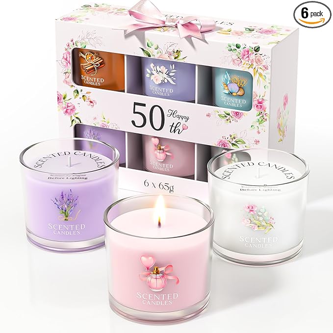 CHILLFLAME 50th Birthday Gifts for Women, Birthday Candle Gift Set for Her, 6 Scented Votive Candles, Candles Gifts for Women/Men (6 Color, 14 oz)