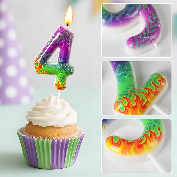 Number 4 Birthday Candle for Cake – Purple Green Flame Design with Lightning & Tire Track Pattern – Off-Road Truck Theme Cake Topper for Birthday Party Decoration