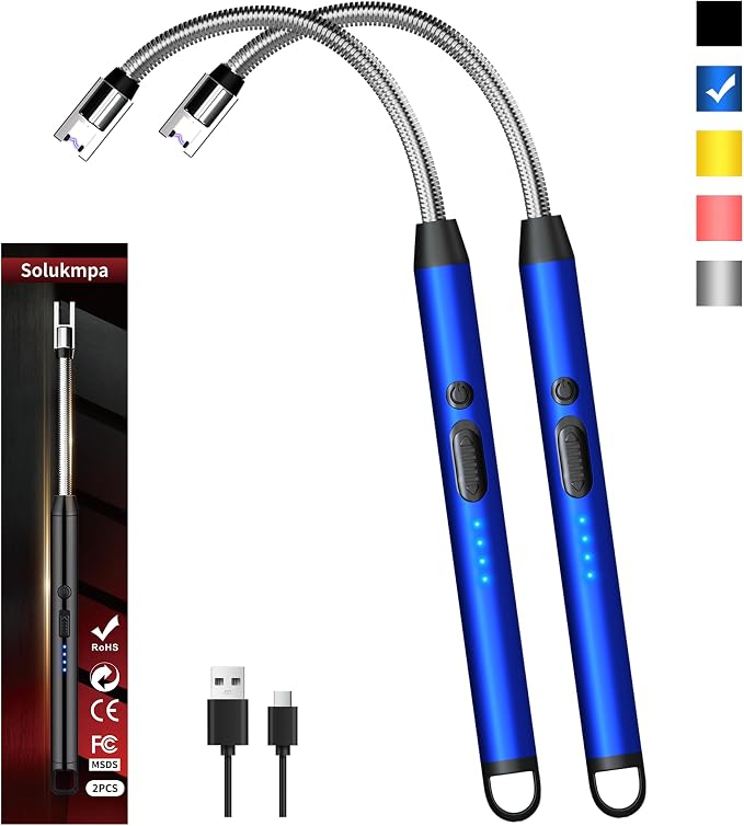 2 Pack Rechargeable Type C Electric Lighters, Blue | Flameless and Windproof, Plasma Arc, 360° Long Reach Flexible Neck, LED Power Display, For Candles, BBQ Grill & Camping
