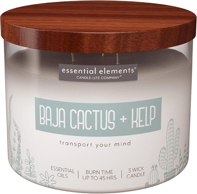 Essential Elements by Candle-lite Scented Candles, Baja Cactus & Kelp Fragrance, One 14.75 oz. Three-Wick Aromatherapy Candle with 45 Hours of Burn Time, Off-White Color