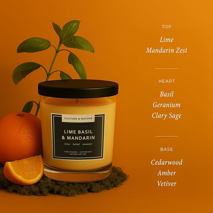 CULTURE & NATURE Natural Soy Wax Candle 7oz Lime Basil & Mandarin Scented
