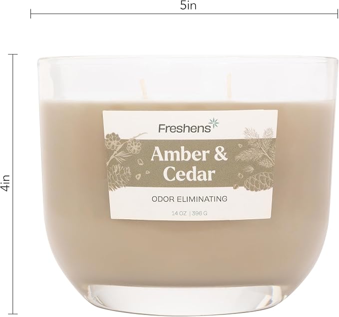 Carolina Freshens Amber & Cedar Odor Eliminating Highly Fragranced Candle for Home Scented, Eliminates 90% of Pet, Smoke, Food and Other Smells Quickly, 2 Wick, 14 oz - Made in the USA