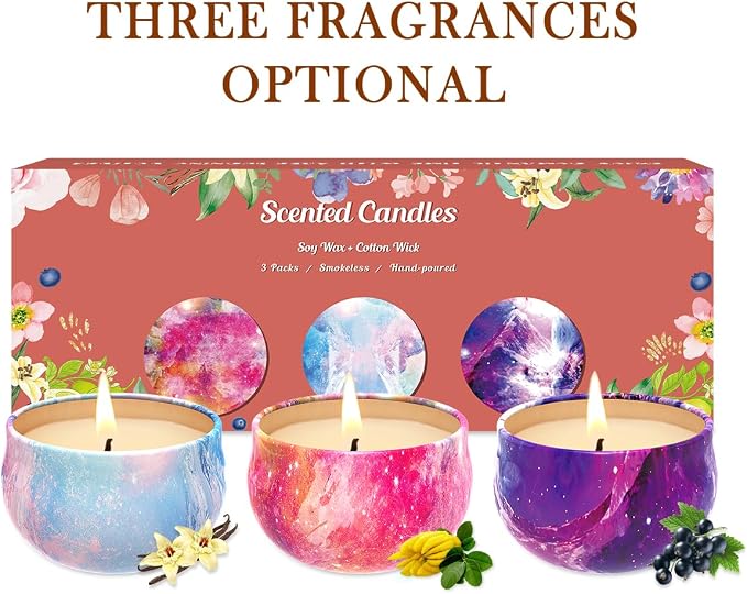3 Pack Small Decorative Scented Candle Set, Strong Bergamot & Vanilla & San Diego Black Berries, Soy Candles, Non-Toxic, for Home Decor & Aromatherapy, Baby Shower Prizes