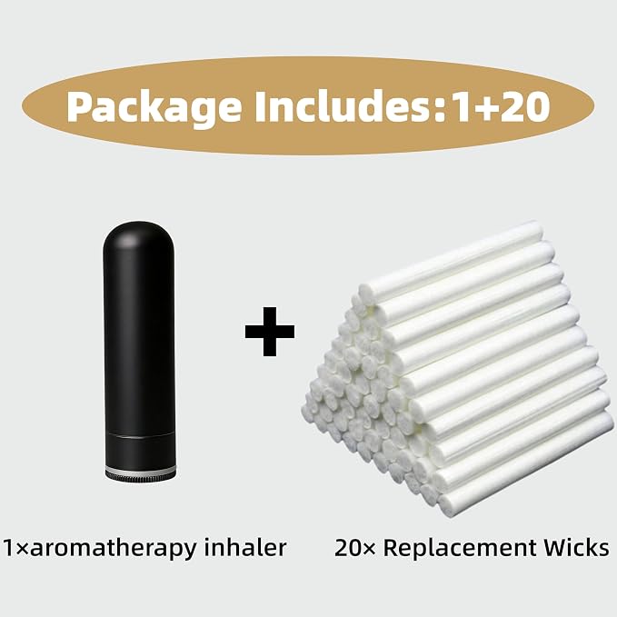 Metal Aromatherapy Inhaler with Leak-Proof Seal | Refillable Essential Oil Nasal Stick | 20 Cotton Wicks Included - Black
