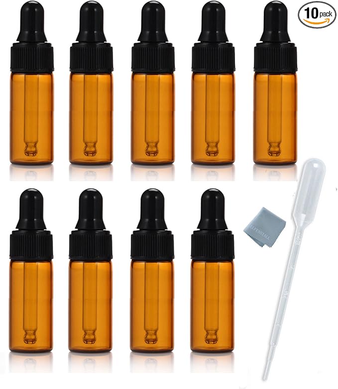 Simple-e 10pcs 5ml 1/6oz Amber Mini Glass Bottle Amber Sample Vial Small Essential Oil Bottle with Glass Eye Dropper + 1pc Glass Clean Cloth + 1pc 3ml dropper (10)
