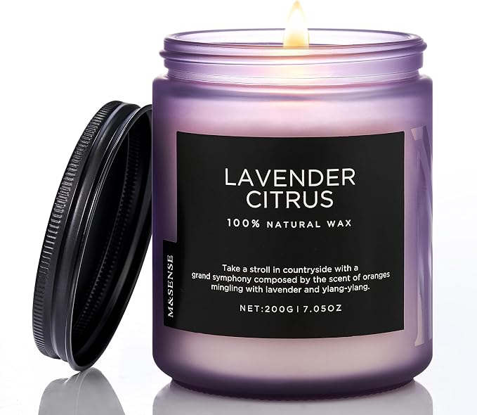 M&SENSE Lavender Citrus Scented Candles, 7.05oz Organic Soy Wax, 50 Hours Clean Burn, Non Toxic Candles for Home, Stress Relief Aromatherapy for Spa Housewarming Gift for Women Men