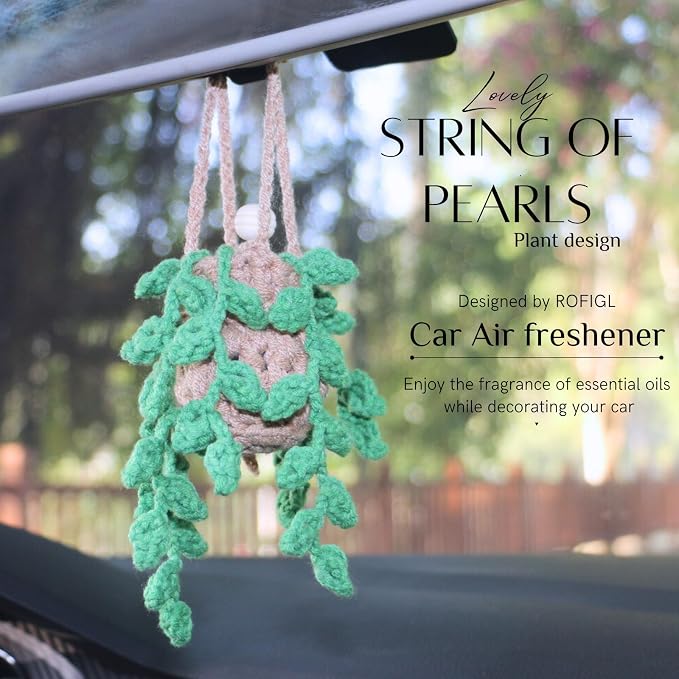 ROFIGL Handmade Crochet Hanging Car Air Freshener,12ml Empty Refillable Oil Diffuser Bottle with Crochet Hanging succulents Plant for Car Rearview Mirror for Home, and Office Hanging Diffuser Decor