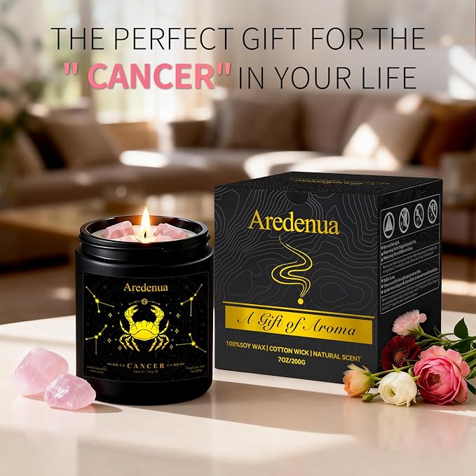 Cancer Birthday Gifts Candle | Zodiac Crystal Candles with Pink Opal Healing Crystals - Cashmere Lavender Scented Soy Candle, 7oz 50H Burn, Unique Spiritual Astrology Gifts for Women Men