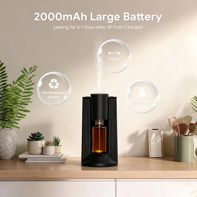 VOCOlinc Waterless Diffuser Starter Kit with 20mL Hotel Fragrance Oil, Battery Operated Diffusers, 4 Timers ＆ 3 Mist Levels, Mini Scent Air Machine for Home, Room, Car, Office (Black)