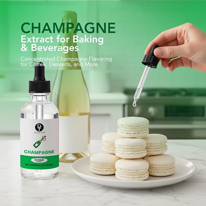 Dolce Flav Natural Champagne Extract – Concentrated Flavoring for Baking, Beverages & Candy Making – Water Soluble Liquid Flavor Drops – Professional Strength Food Grade Flavoring – 2 Fl Oz