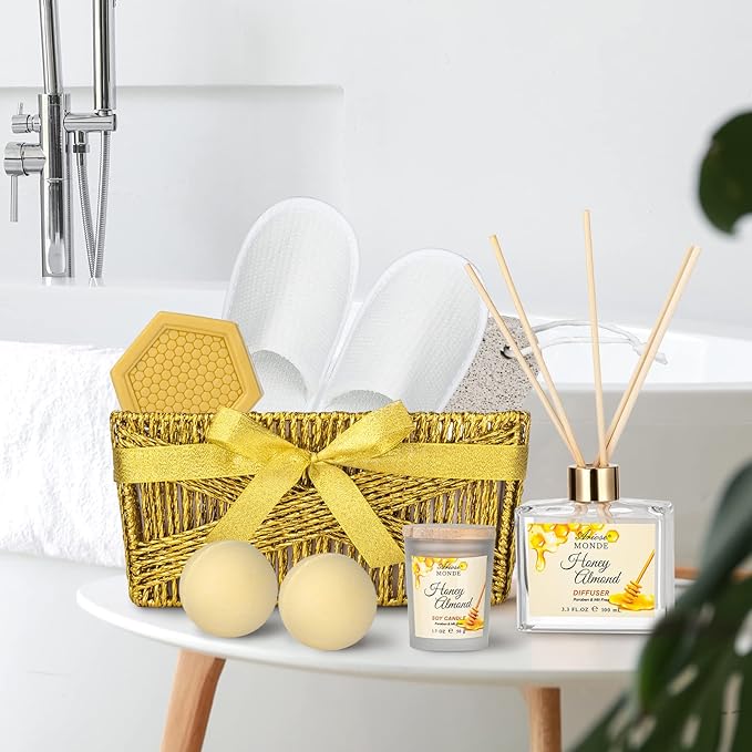Bath & Body Gift Set, 15 Pcs Honey Almond Scented Bath Set, Home Spa Bath Gift Basket Pamper Gifts for Women Her Mom Friends Sister, Relaxing Spa Gift Baskets for Women Self Care Package