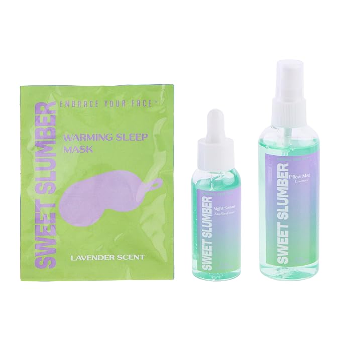 EXPRESSIONS 3pc Bedtime Wellness Set – Sweet Slumber Lavender Scented Sleep Kit – Includes Warming Sleep Mask, Night Serum, and Soothing Pillow Mis