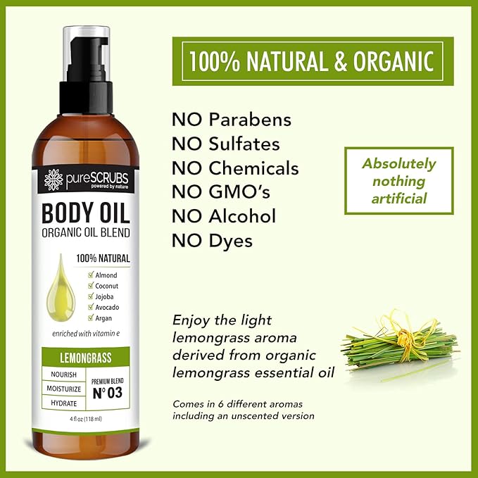 pureSCRUBS Ultra Moisturizing Lemongrass Body Oil for Dry Skin, Lightweight Full Body Moisturizer for Soft, Silky Skin, Massage & Cuticle Oil, Vitamin E Enriched, 4 oz