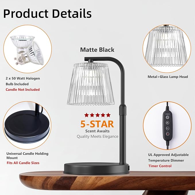 Candle Warmer Lamp with Timer, Electric Candle Warmer with 2 Bulbs, Gifts for Mom, Dimmable Candle Lamp, Compatible with Small and Large Candles, Aromatic Candle Holders for Home Decor (Black)