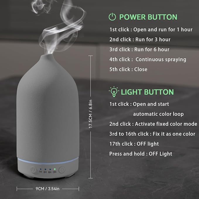 Gooamp 200ML Ceramic Essential Oil Diffuser - Ultrasonic Aromatherapy & Humidifier with 7-Color LED Lights, Auto Shut-Off, Grey, 1H/3H/6H Timer | Scent for Home,Office,Yoga