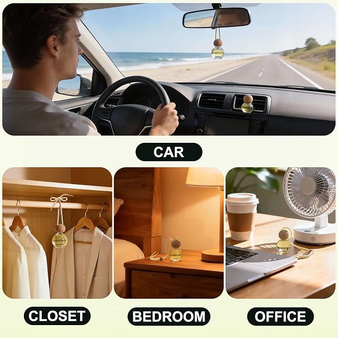Hanging Car Air Freshener 2 Pack, Sandalwood Scent Essential Oil Diffuser Long Lasting & Cute Car Accessories with 2 Vent Clip for Women Men Gift, Odor Eliminator