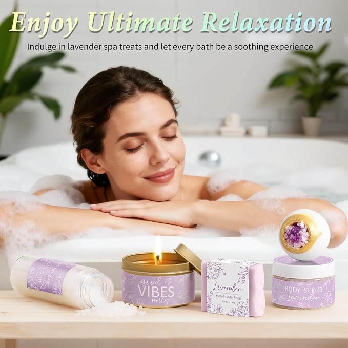 Spa Gifts for Women Bath Gift Set, Lavender Relaxing Spa Gift Baskets Home Bath Set Self Care Kit Care Package Thank You Birthday Mothers Day Easter Gifts for Women Mom Friends Sister Teen Girl Wife