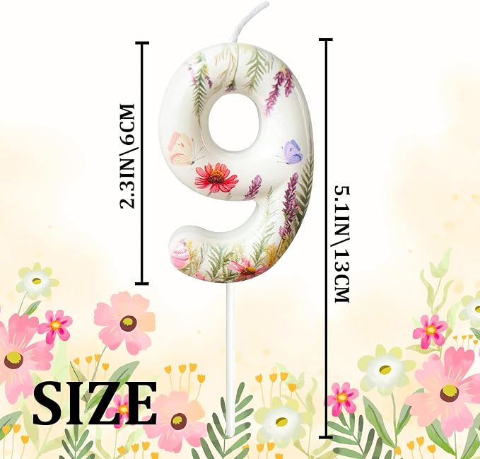 Number 9 Birthday Candle for Cake – Floral Botanical Design with Butterfly Detail – Elegant Cake Topper for Birthday, Garden Party Decoration