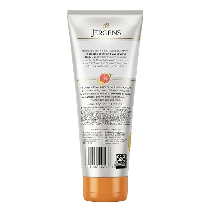 Jergens Sweet Citrus Body Butter, Hand and Body Lotion, Moisturizer for Women, Lotion with Essential Oil for Indulgent Moisturization, 7 Oz