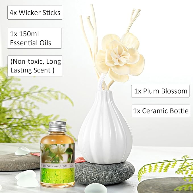 Reed Diffuser Set, Home Fragrance & Decorative Diffuser, Dried Flower Aromatherapy Oil Set, Oil Diffuser Sticks, Ceramic Bottle 5.07 oz(150ml) /1 Pack (JasmineBouquet)