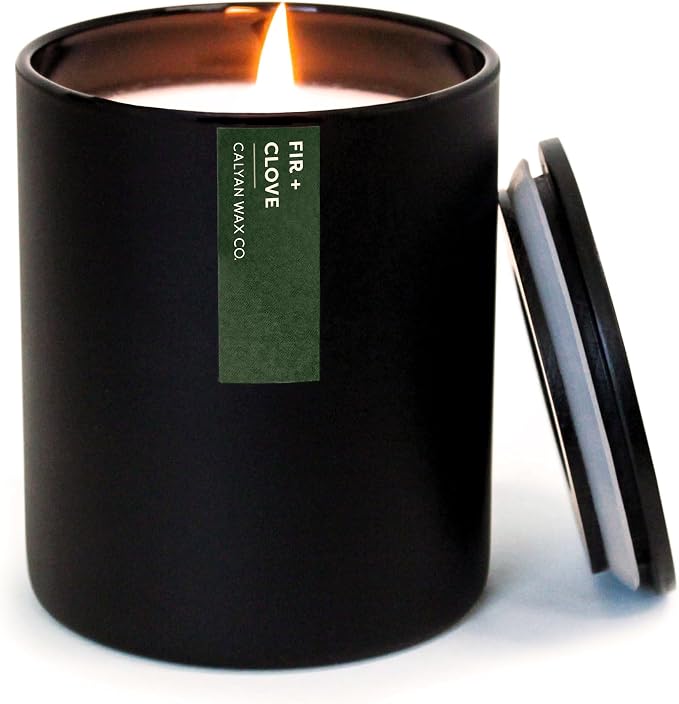 Calyan Wax Co. Fir & Clove Scented Candle - 75 Hour Burn - Luxury Clean Soy Wax Candles - Long Lasting Black Tumbler Jar Candle for Home - 10.2oz
