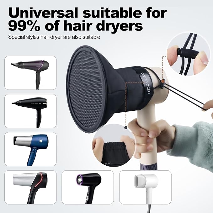 Travel Essential Hair Diffuser, Ultra-Portable Foldable Design, Elastic Universal Connector Fits 99% of Salon & Hotel Hair Dryers, Space-Saving Blow Dryer Attachment for Curls on the Go
