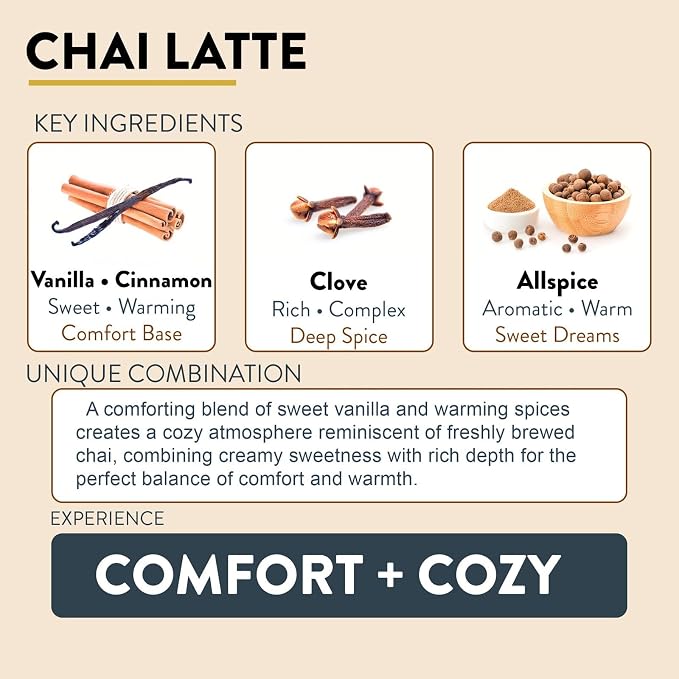 Chai Latte Candles for Aromatherapy, Hand Poured in Small Batches, 8oz Crackling Wood Wick Candle, 40+ Hours, 100% Soy Wax with Essential Oils, Home Decor Gift