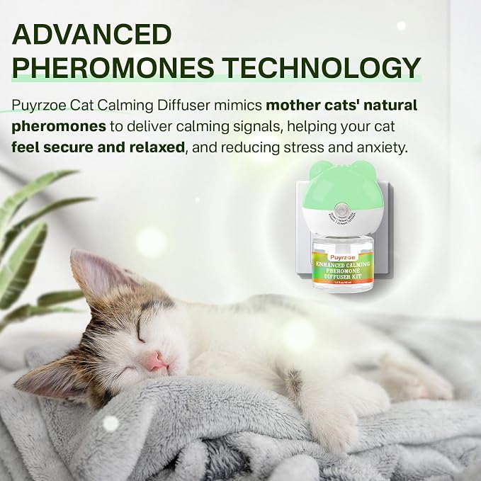 puyrzoe Cat Calming Diffuser with 3 Timing Functions, 6-in-1 Cat Pheromones Calming Diffuser Kit, 120-Day Anxiety Relief, Stress Reduction & Relaxation for All Cats (2 Diffusers + 4 Refills)