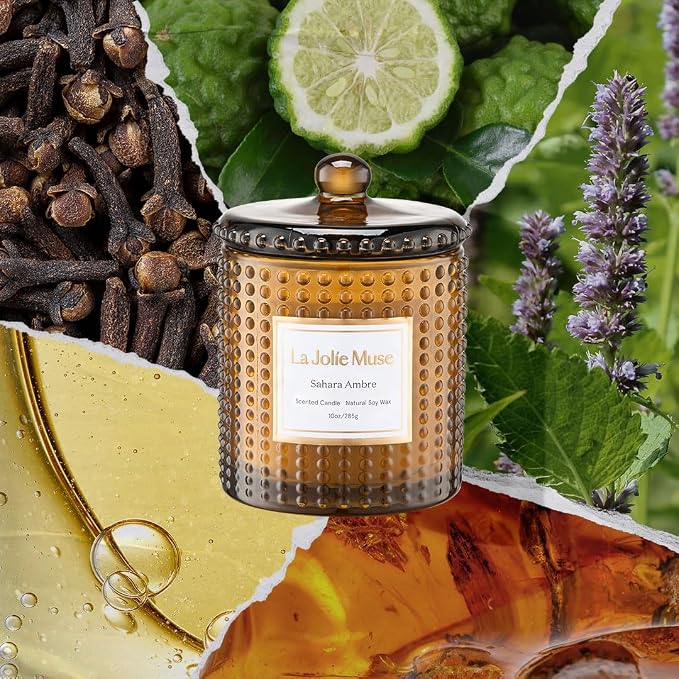 LA JOLIE MUSE Sahara Amber Scented Candles for Home, Natural Soy Wax 55 Hrs | Luxury Brown Jar Candle, Clean Non Toxic, Gift for Women & Men, Decorative Candles, Pretty Candle, Bergamot, Musk & Patchouli