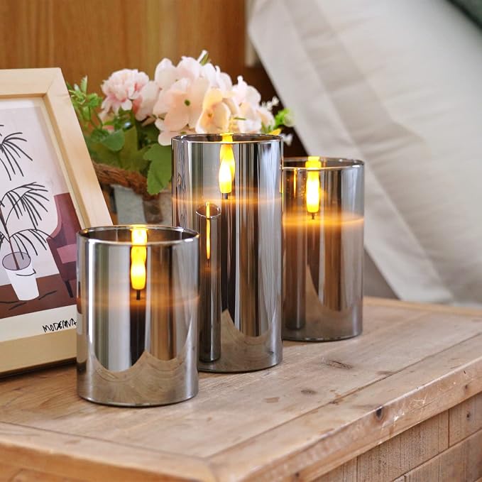 Homemory Grey Glass Flameless Candles, Battery Operated LED Pillar Candles with Remote Control and Timer, Radiance Candles, Real Wax, Set of 3,D3 xH4 5" 6"